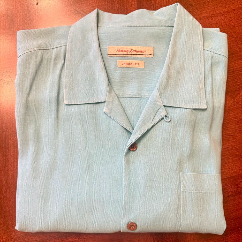 Tommy Bahama Turquoise Short-Sleeve Camp-Collar Button-Down, Silk XL